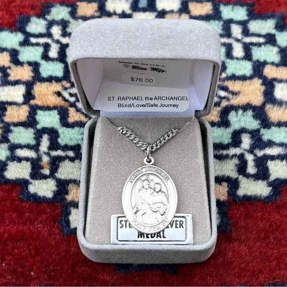 St. Raphael Archangel Sterling Silver Oval Religious Medal Necklace 24” Chain - Picture 1 of 3